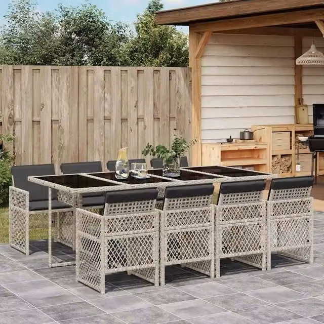 Berkfield Home 9 Piece Garden Dining Set with Light Grey Poly Rattan and Cushions