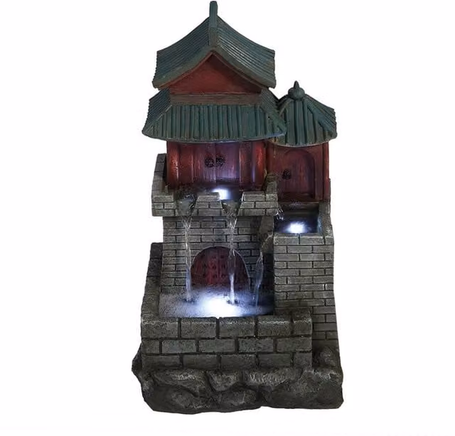 Primrose Japanese Style Tiered Tabletop Water Cascade with LED Lights in Brown and Multicolour