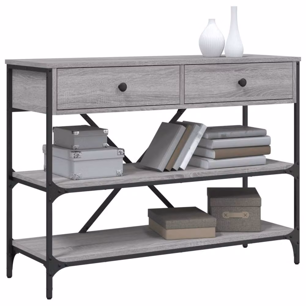 Berkfield Home Grey Sonoma Console Table with Drawers, Shelves and X-Frame Metal Legs – 3