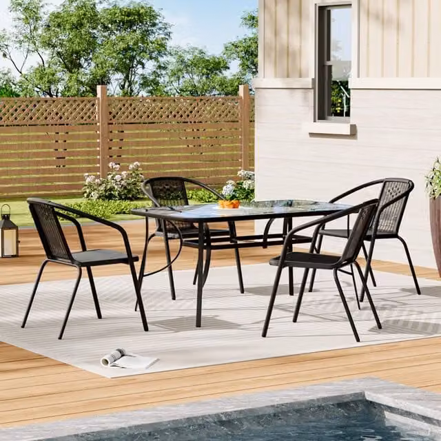 Livingandhome Black Outdoor Bistro Set with Rectangular Glass Table and 4 Stacking Chairs