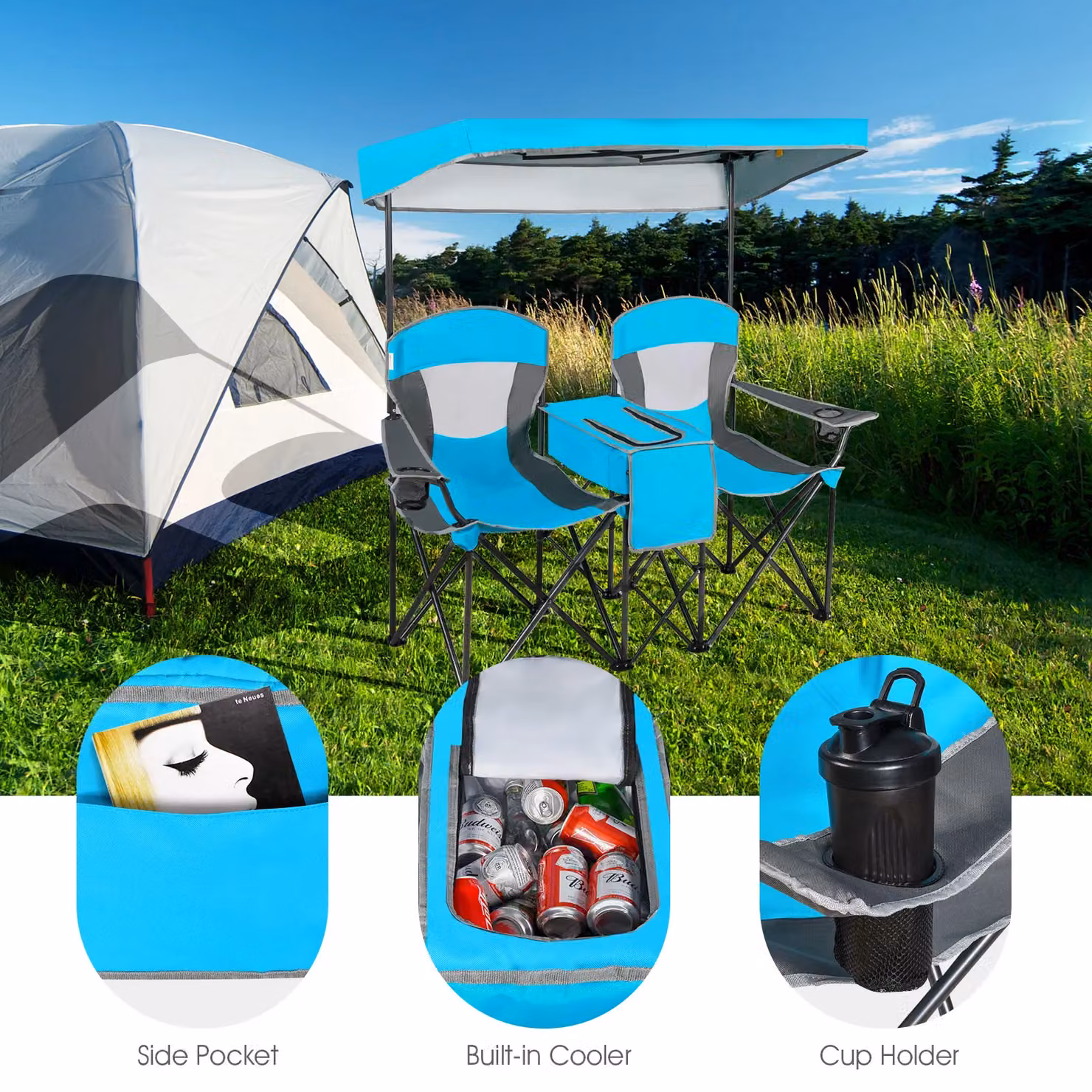 Gymax Double Sunshade Folding Chairs in Blue with Sun Canopy, Armrests and Cup Holders – 6