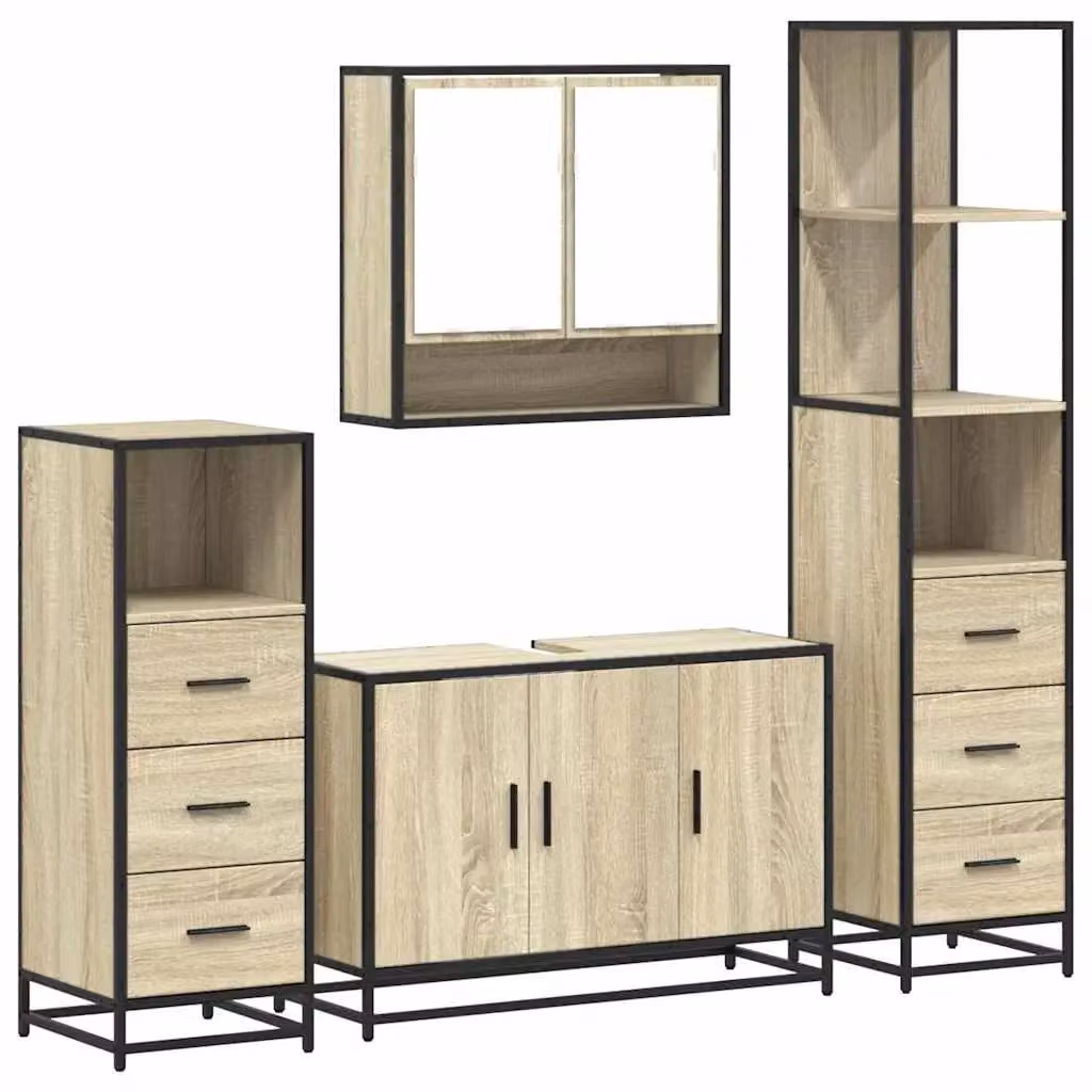 Berkfield Home 4-Piece Brown Sonoma Oak Bathroom Furniture Set with Vanity Unit and Mirror Cabinet