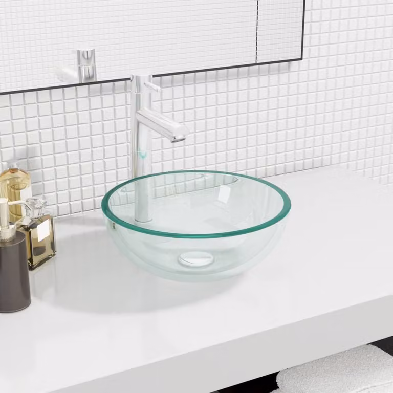 Berkfield Home Modern Round Tempered Glass Countertop Basin, Transparent, W: 30 cm, D: 12 cm, H: 12 cm