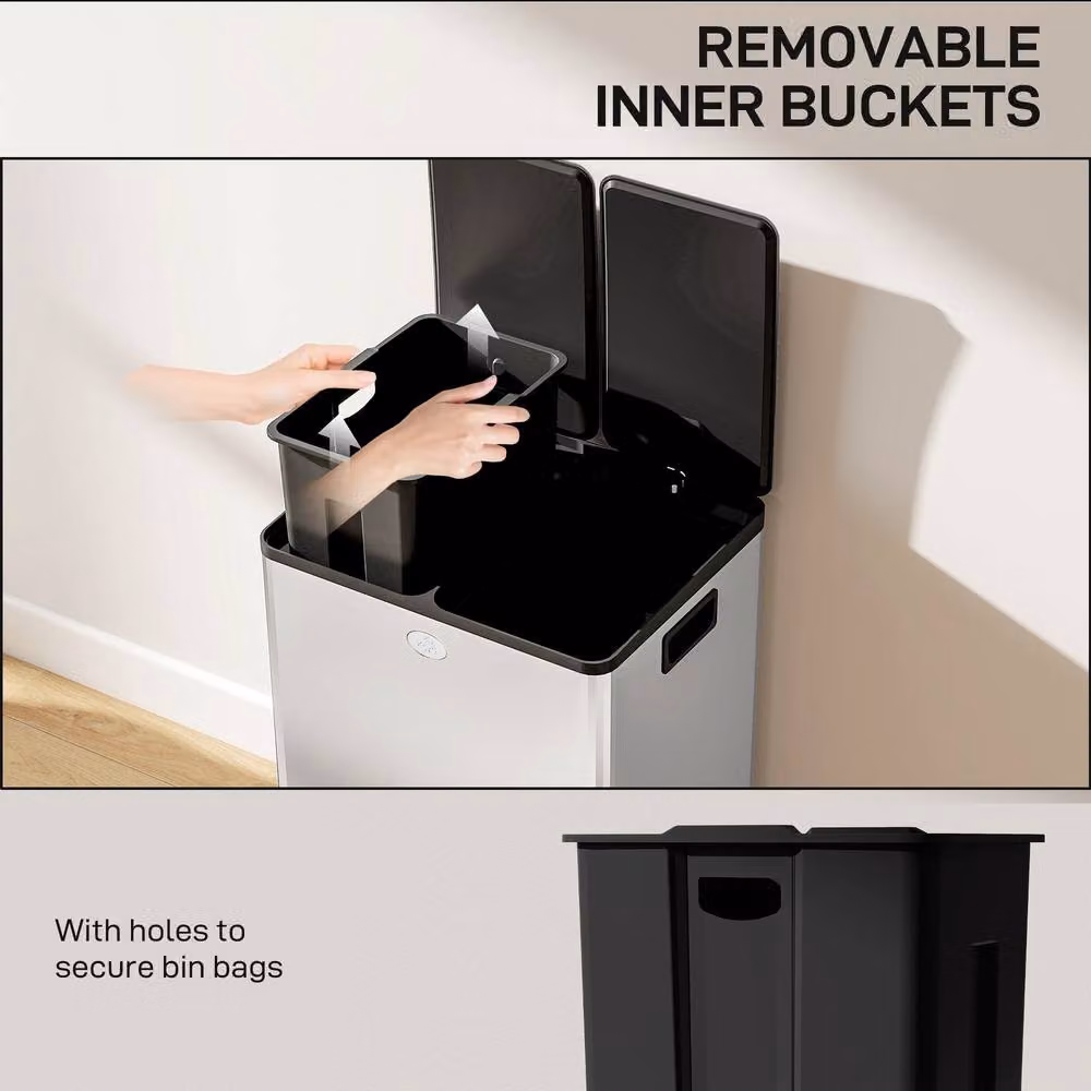 STILVORA Dual Kitchen Bin with Pedal Lid and Odour Filter, 56L, Silver Stainless Steel – 7