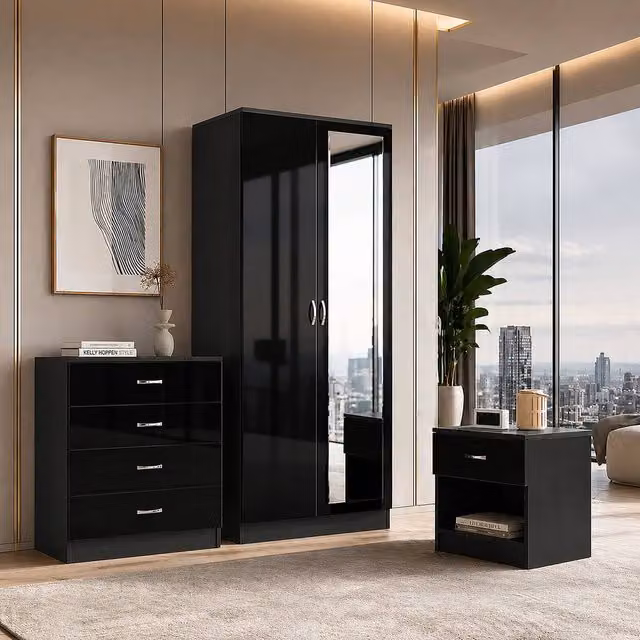 Harmin Modern Black High Gloss 3 Piece Bedroom Furniture Set – 3