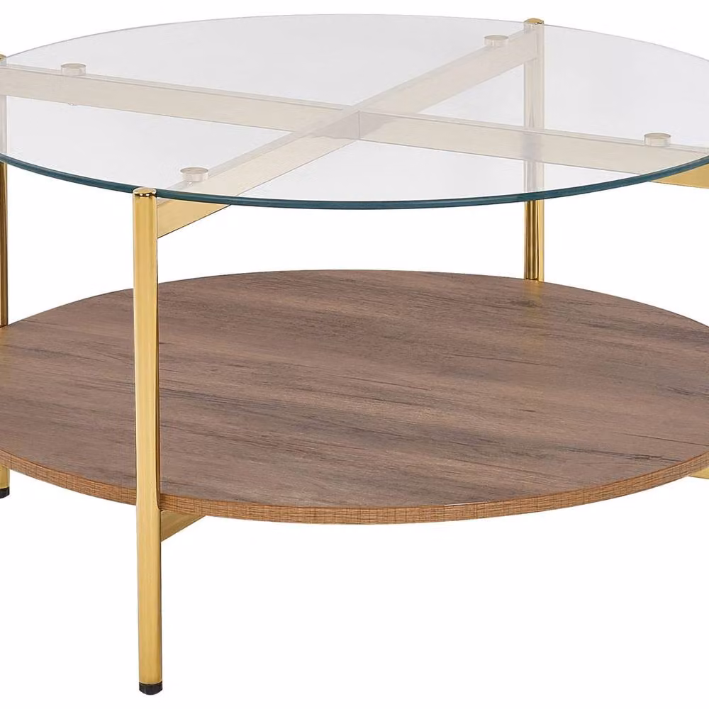 Wyld and Coco Round Gold Glass Coffee Table with Dark Wood Shelf, Diameter: 80 cm – 2