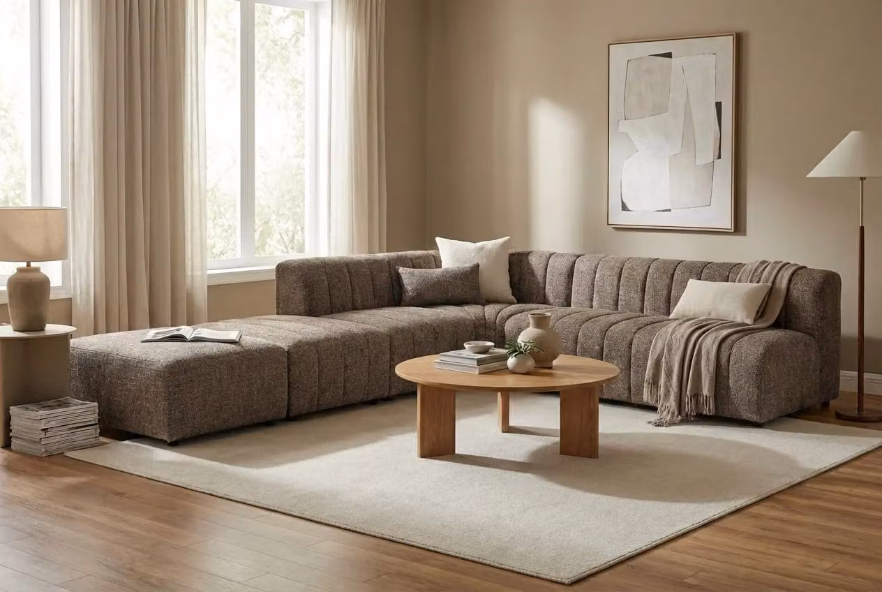 Araco Atelier Leo L-Shape Corner Sofa in Beige and Brown Fabric with Scatter Cushions