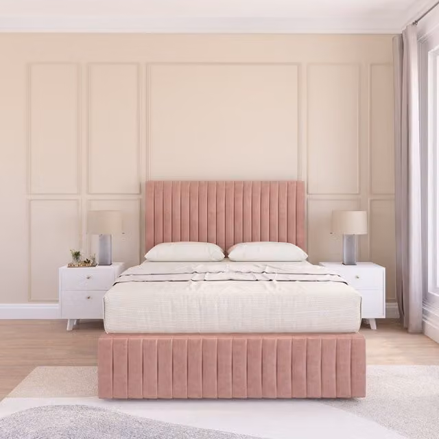 Sloomy Madison Small Double Divan Bed Set with Matching Footboard in Pink Plush Velvet, W/D/H: 120 x 200 cm