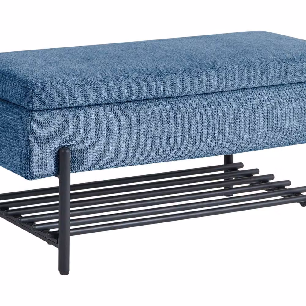 Wyld Haus Blue Mid-Century Upholstered Storage Bench with Built-In Shoe Rack – 2