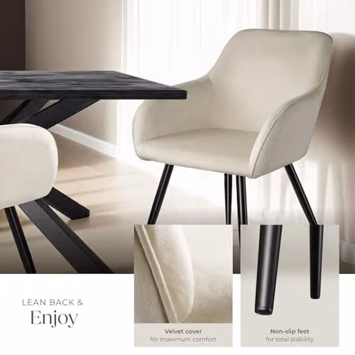 tectake Set of 4 Marilyn Dining Chairs in Cream Velvet with Black Metal Legs – 3