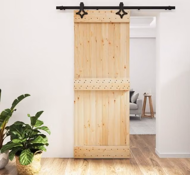 Berkfield Home Rustic Solid Pine Sliding Door with Hardware Set in Brown, W: 80 cm, H: 210 cm