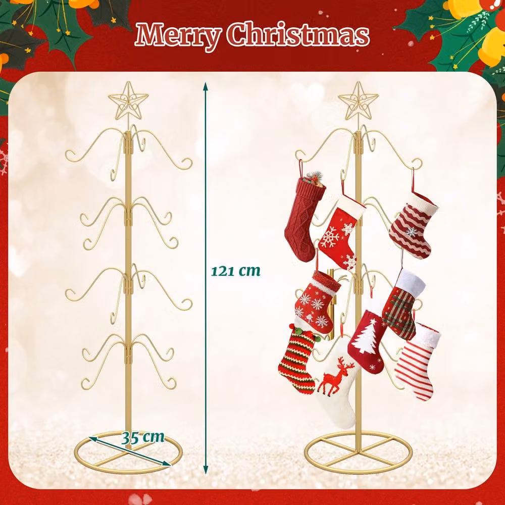 Gymax Gold Metal Christmas Stocking Holder Stand with Star Decoration and 16 Hanging Hooks, Height: 121 cm – 2