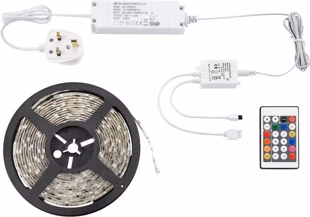 Loops RGB Flexible Tape Light Kit with 24W LED Driver and Remote Control, 5m, Multicolour, IP44 Rated