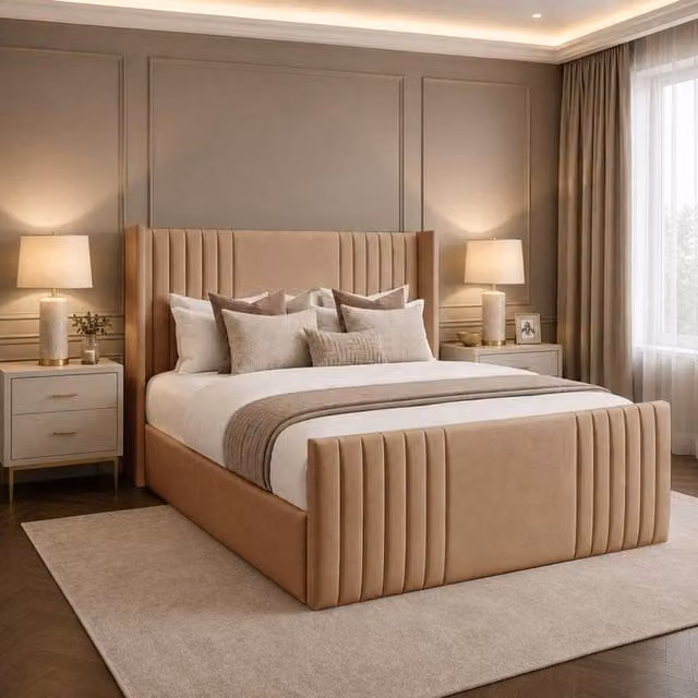 Desire Deco Carolyn Wingback Upholstered Panel Bed Frame in Beige, Size: King (180 x 200 cm) – 1