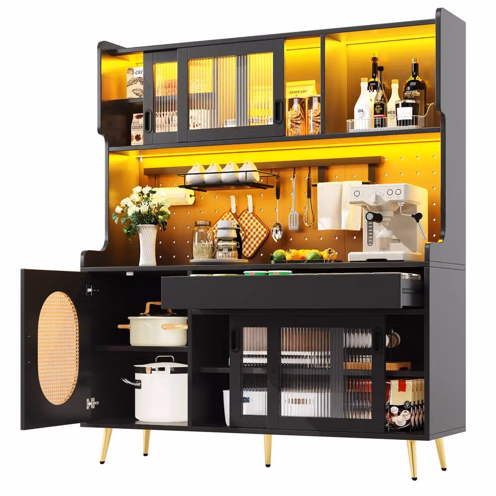 Rolipo Country Style 5-Door Kitchen Buffet Sideboard with Integrated LED Light in Black – 8