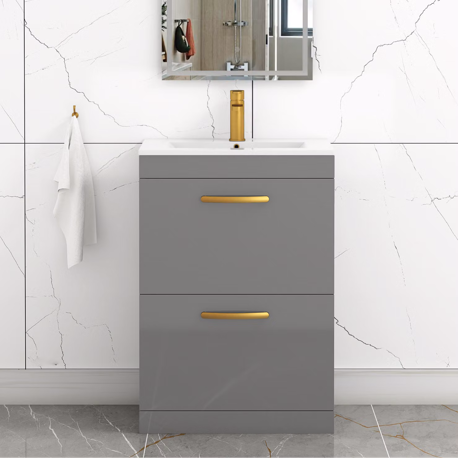 Royal Bathrooms Turin 600mm Floor Standing 2 Drawer Minimalist Vanity Unit in Indigo Grey Gloss with Brushed Brass Handles