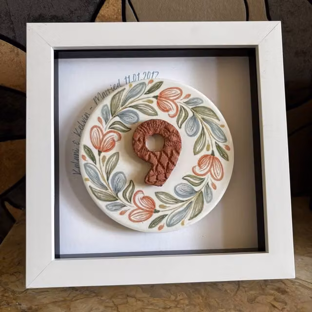 Afewhometruths Personalised 9th Anniversary Terracotta Ceramic Gift in a White Frame