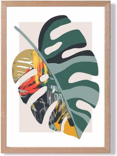 ARTZE Monstera Green and Red Minimalist Botanical Framed Print with Oak Wood Frame