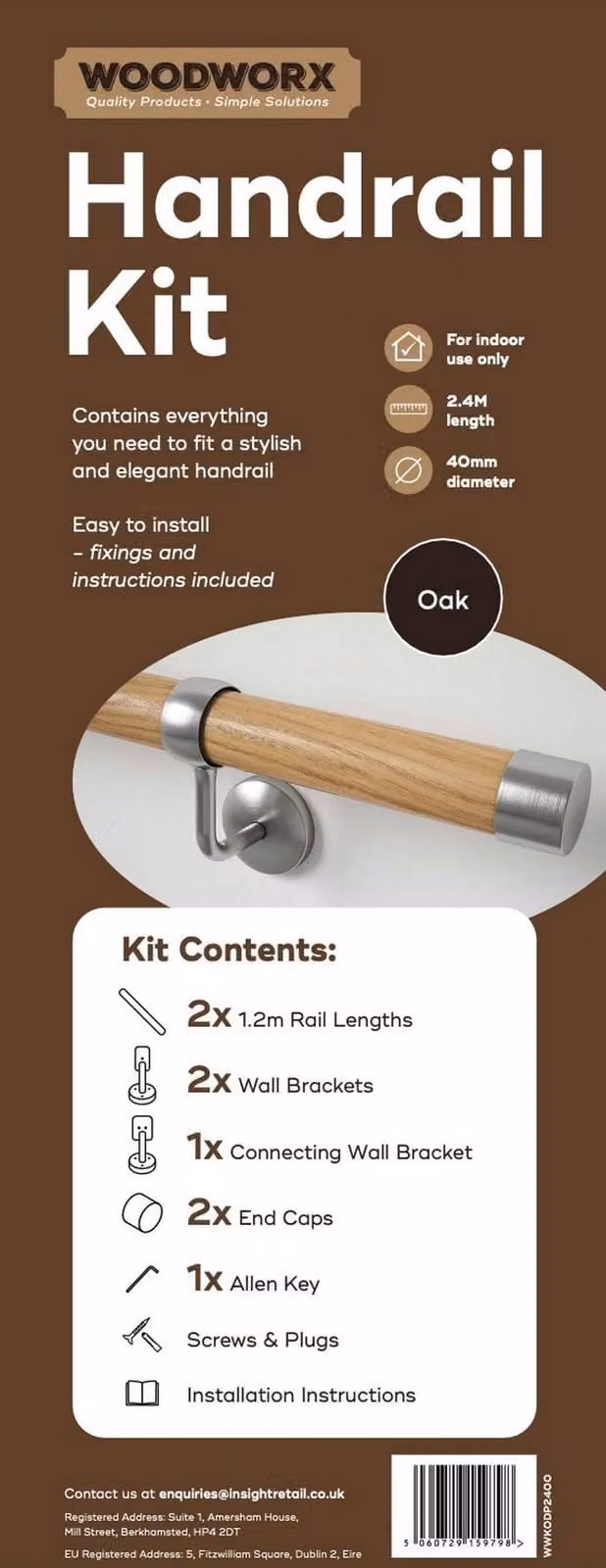 Woodworx Solid Oak Modern Indoor Stair Handrail Kit, Brown, Length: 240 cm – 2