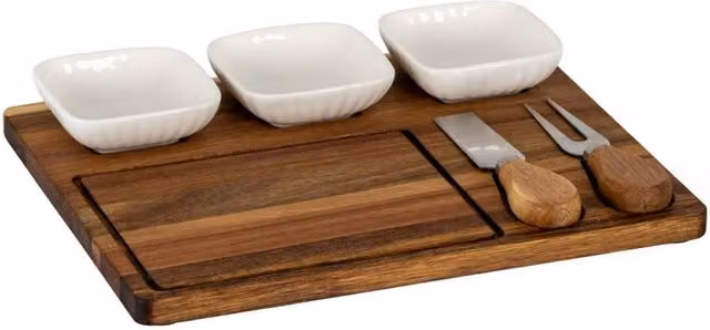 KDMD Acacia Wood Cheese Board Set with White Ceramic Bowls and Cutlery in Brown – 1