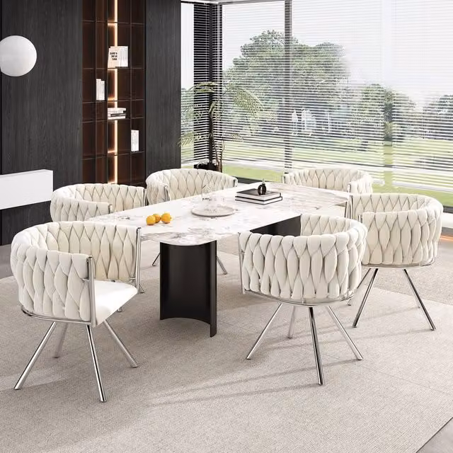 Merax Set of 6 Beige Velvet 360-Degree Swivel Dining Chairs with Metal Legs – 1