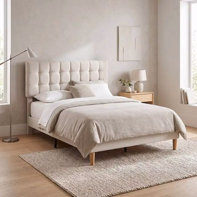 EONLION Upholstered Double Bed Frame in Beige, W/D/H: 140 x 190 cm – 1