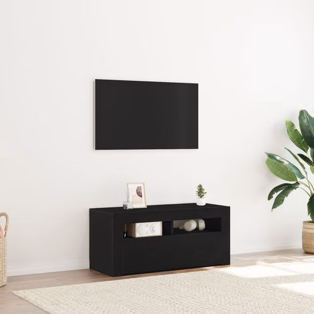 Berkfield Home Modern TV Cabinet in Black Oak with LED, W/D/H: 90 x 35 x 40 cm