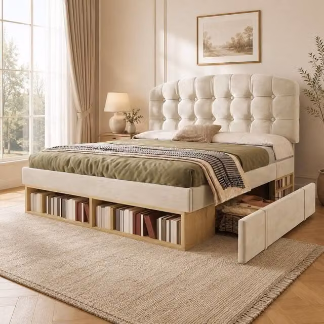 STILVORA Modern Upholstered Double Bed Frame with Storage Drawers in Beige Velvet Fabric, W/D/H: 140 x 200 cm