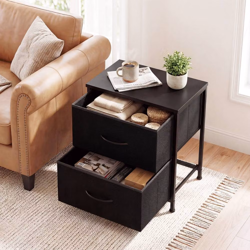 Costway Set of 2 Black Nightstands with 2 Fabric Drawers and Metal Frame – 3
