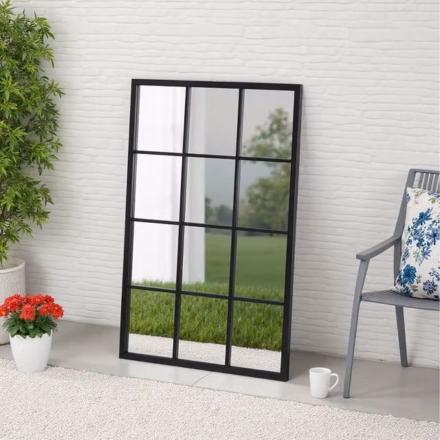 Komore Black Industrial Grid Design Geometric Glass and Metal Hanging Window Mirror