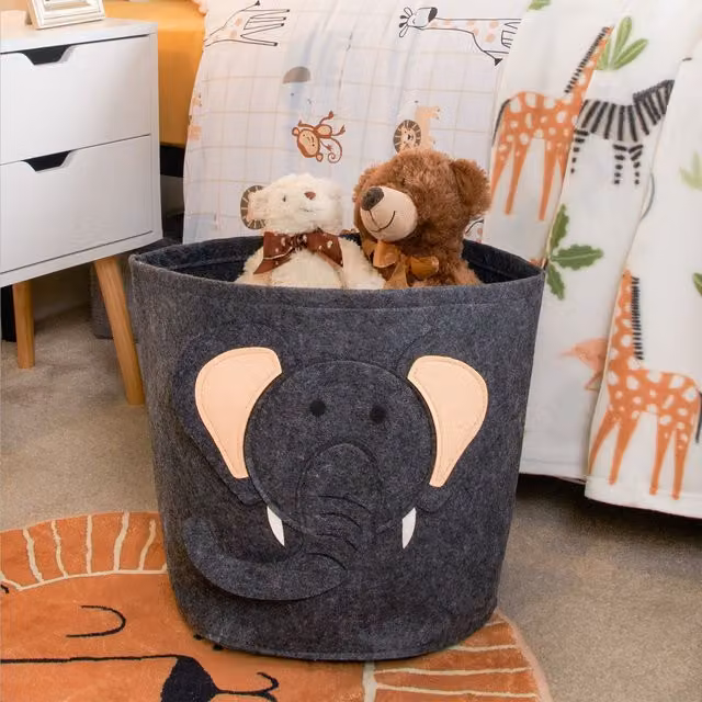 OHS Kids Elephant Felt Toy Storage Basket and Collapsible Baby Hamper in Grey