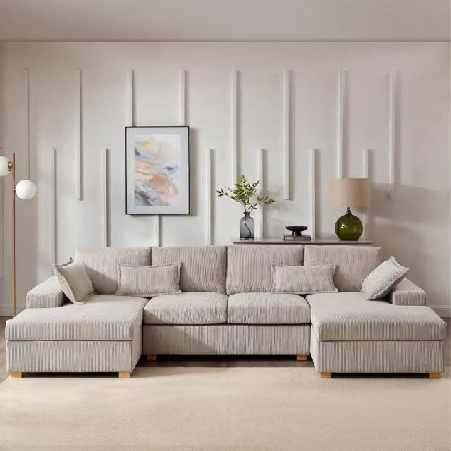 Muriel U-Shaped Sofa in Stone Grey Cord Fabric