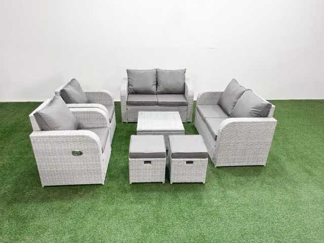 Fimous 8 Seater Rattan Garden Furniture Set in Light Grey with Reclining Sofa, Lounge Armchair, 2 Stools, Coffee Table and Upholstered Cushions