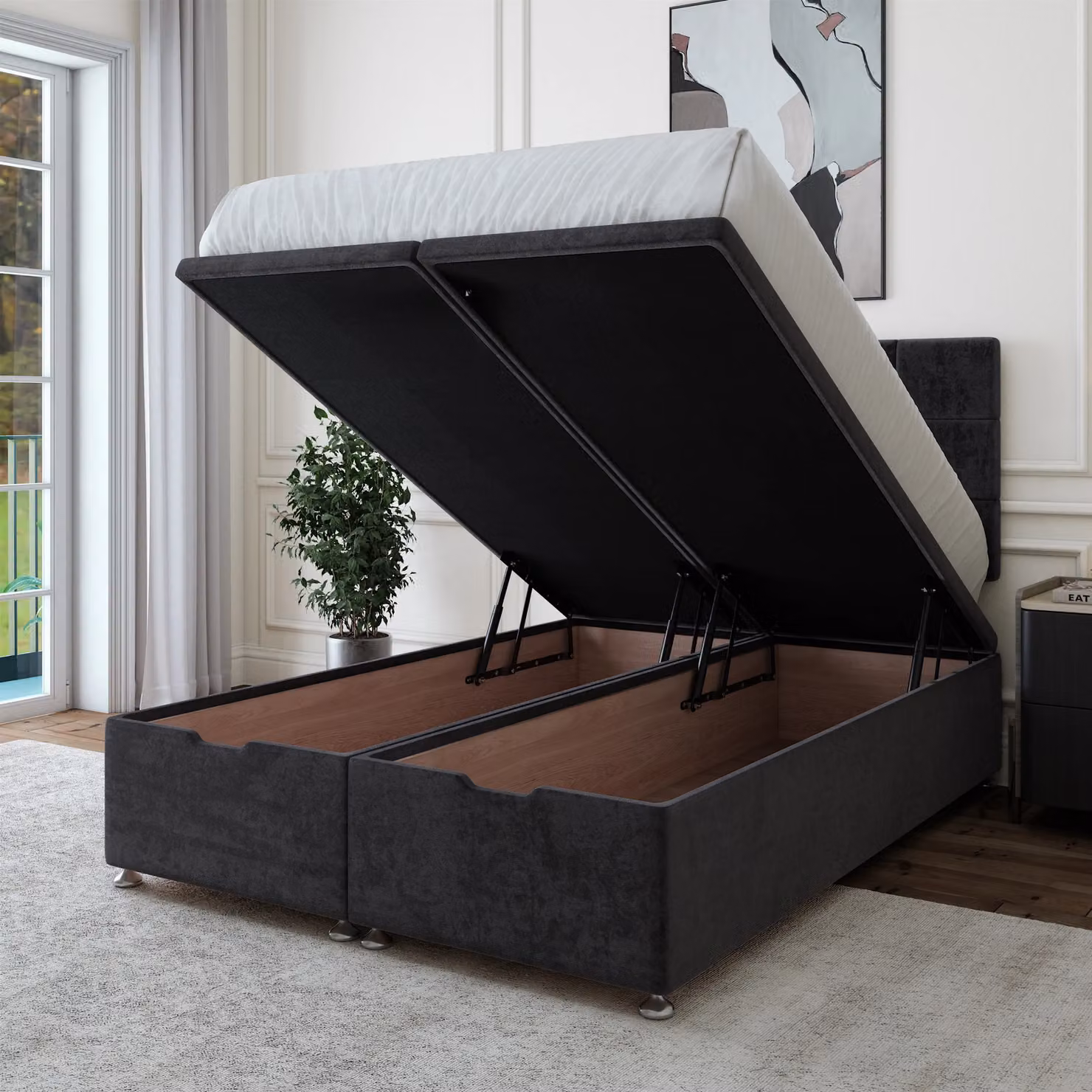 Bedmaster Luxury Velvet Ottoman Divan Base and Square Headboard in Black, W/D/H: 140 x 200 cm – 2