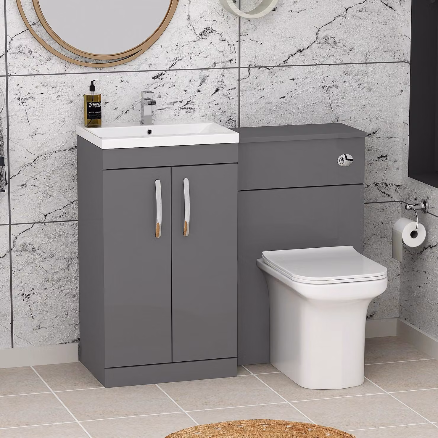 Royal Bathrooms Turin 1000mm Indigo Grey Gloss 2-Door Mid-Edge Basin and Crosby Back to Wall Toilet Pack