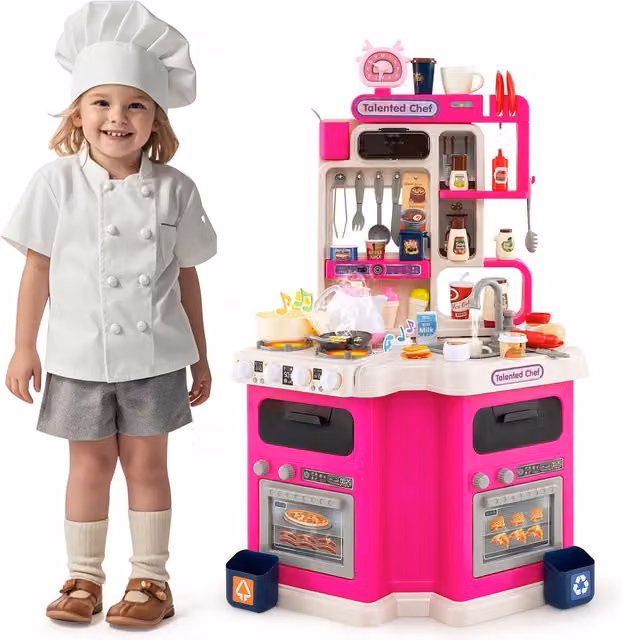 Costway Kids Corner Play Kitchen in Pink