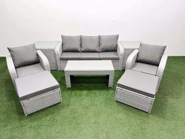 Fimous PE Rattan Garden Furniture Set in Light Grey with Reclining Chairs, Sofa, Rectangular Coffee Table, 2 Side Tables and 2 Footstools