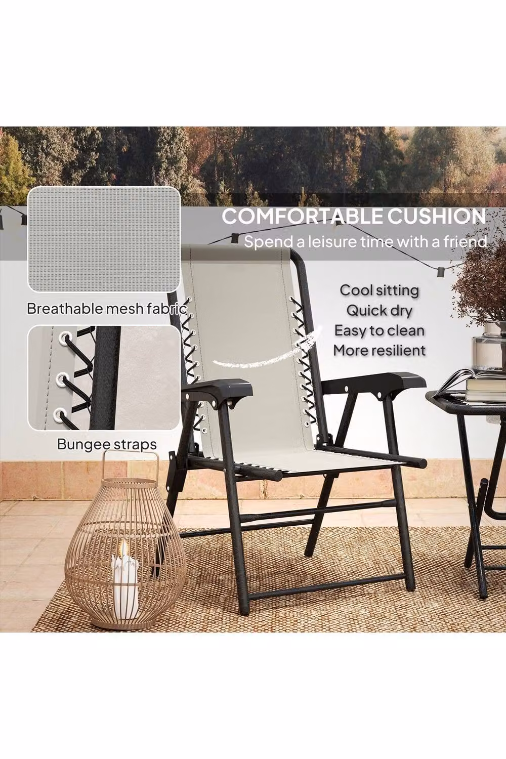 ERGOVEXA Three-Piece Modern Garden Table and Chair Set in Beige Powder Coated Steel – 2