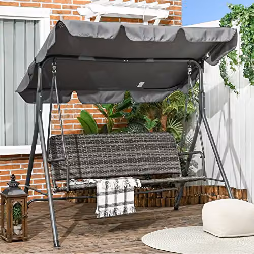 Outsunny 3-Seater Outdoor PE Rattan Swing Chair with Adjustable Canopy and Powder Coated Steel Stand, Grey – 2