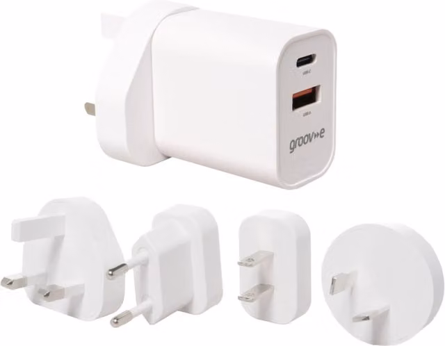 Groov-e 20W USB-C and USB-A Mains Charger with Worldwide Travel Adaptors, White