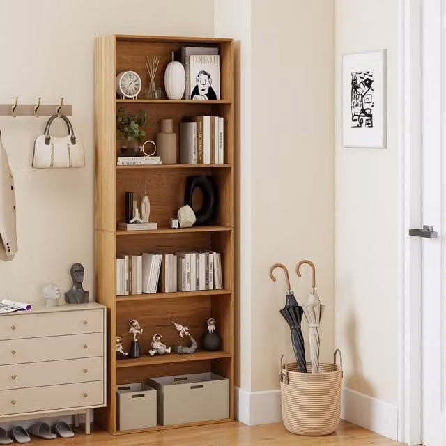 COSTWAY Modern Open Bookcase Storage in Natural Brown with Back Panel