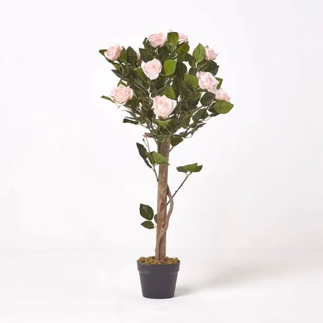 Homescapes Pink Potted Rose Tree Artificial Plant with Green Leaves, Height: 90 cm