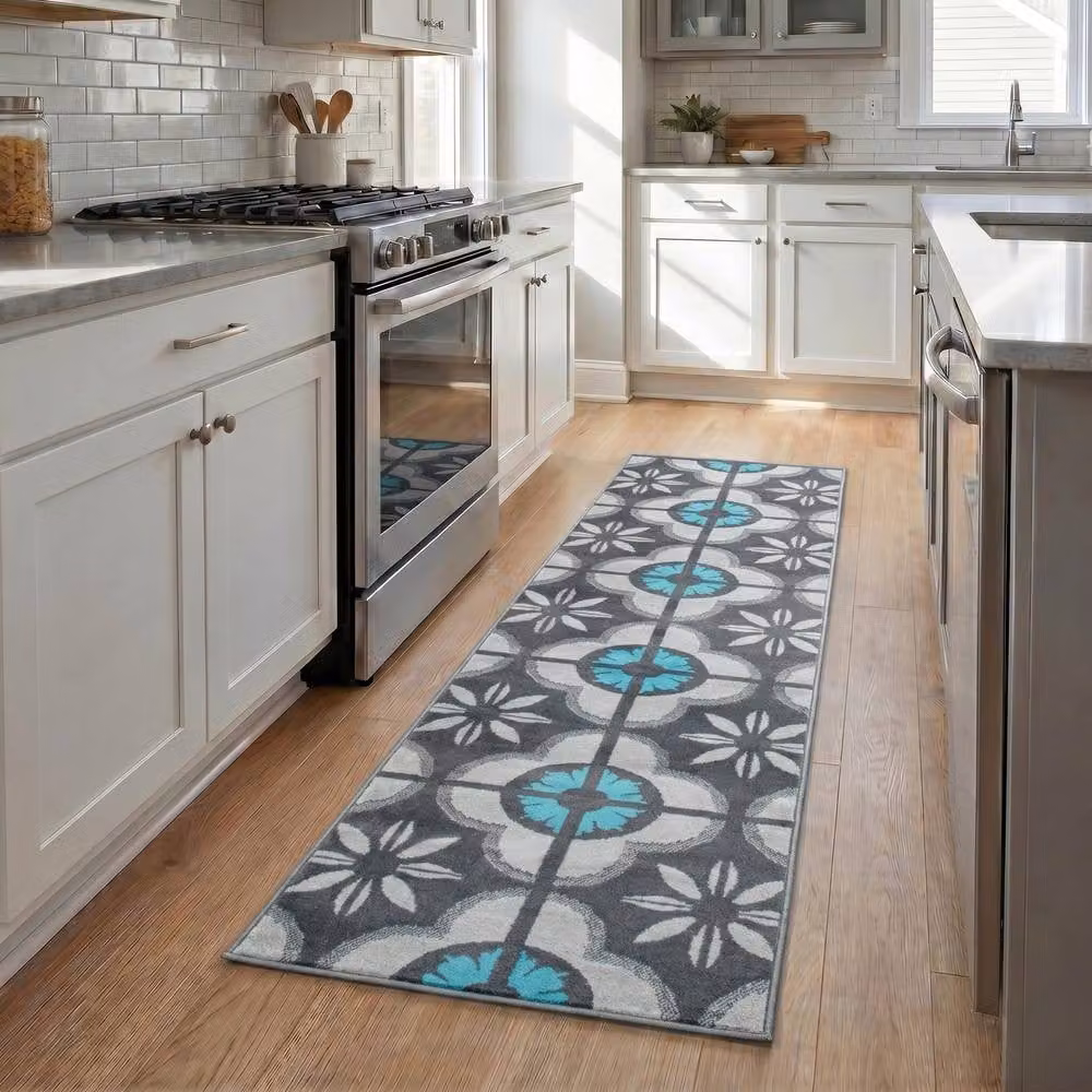 Bravich LTD Blue Floral Tile Hallway Runner Rug, Non-Slip Low Pile Polypropylene Carpet, W: 60 cm, L: 240 cm – 1