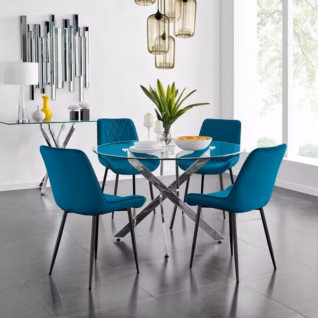 FurnitureboxUK Novara Round Glass Dining Table with Four Blue Pesaro Upholstered Chairs and Black Metal Legs, Diameter: 120 cm