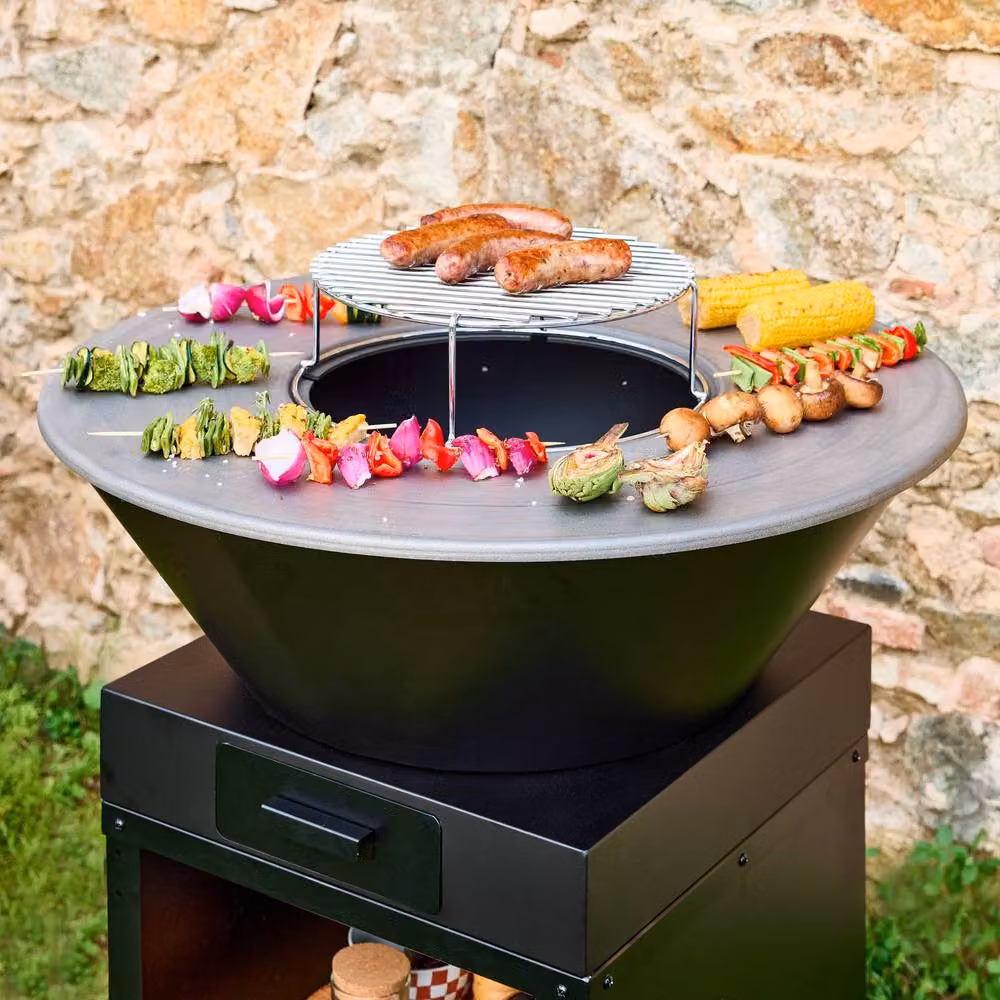 sweeek Black Steel and Cast Iron Fire Bowl Brazer Barbecue with Cooking Grid and Wood Storage, Diameter: 81.5 cm – 3