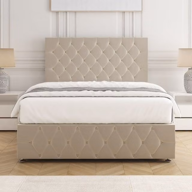 BSSPOKE Mulberry Divan Bed with 24 inch Plush Headboard and Footboard in Cream Velvet, King Size W/D/H: 180 x 200 cm