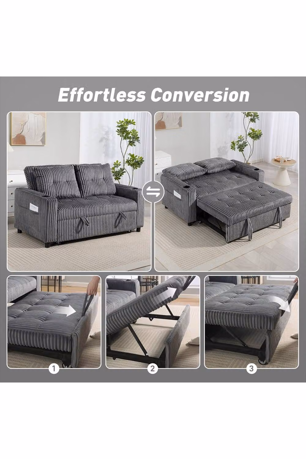 ERGOVEXA 2 Seater Click Clack Sofa Bed in Grey Velvet with Metal Frame and Cup Holders – 3