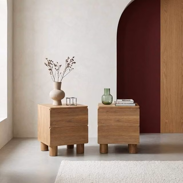 Sweek Set of 2 Brown Pine Wood Bedside Tables with 2 Drawers
