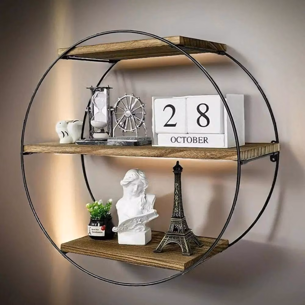 FORGEVIO Industrial Wall Mounted Circular Floating Shelves in Black with Pine Wood and Integrated Lighting – 3