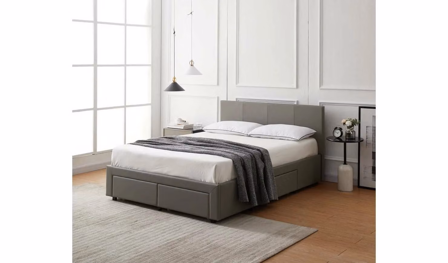 Lavendon Upholstered Double Bed Frame with 4 Drawers in Grey, W/D/H: 140 x 200 x 90.5 cm